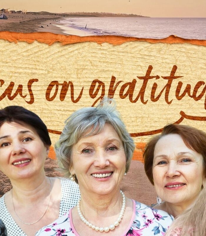 Dorothy in a group of other senior women promoting the idea of gratitude.