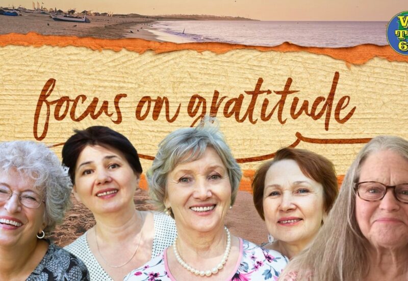 Dorothy in a group of other senior women promoting the idea of gratitude.