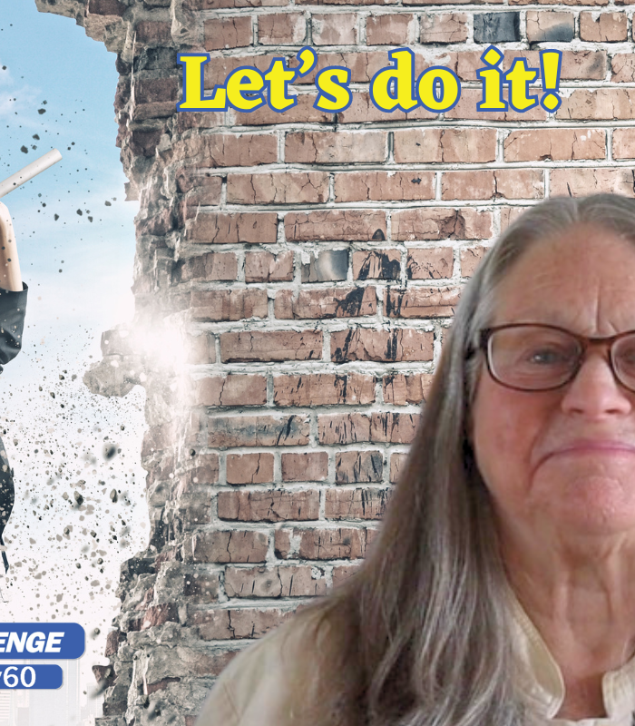 WTV60 founder Dorothy Kelly against a background of a women breaking a brick wall with a sledge hammer, the words, "Let's do it!" captioned.